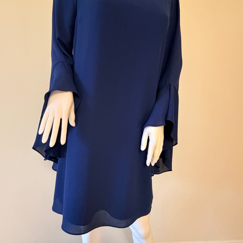 NWT Halston Heritage Lace Insert Dress Navy Blue Ruffle Sleeve Mini Dress Size 8 - Picture 3 of 15